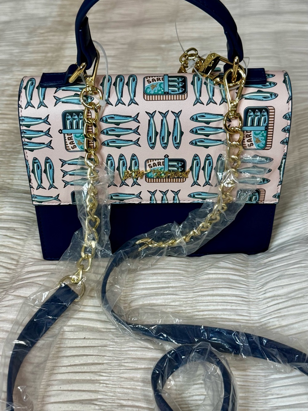 Betsey Johnson Pink Fish-Print Satchel with Navy Trim and Gold Chain